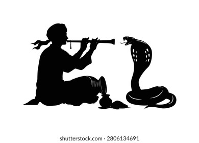 Snake charmer playing flute to cobra silhouette vector isolated on white background.