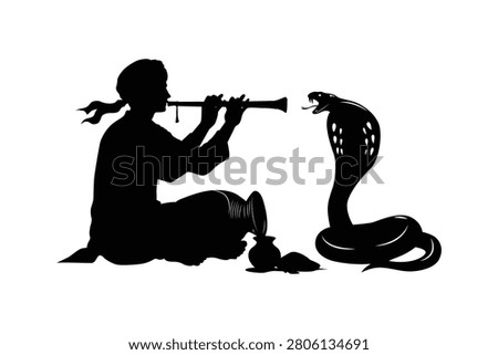 Snake charmer playing flute to cobra silhouette vector isolated on white background.