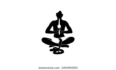 Snake charmer playing instrument, black isolated silhouette