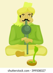 snake charmer playing a musical instrument and dancing snake vector illustration