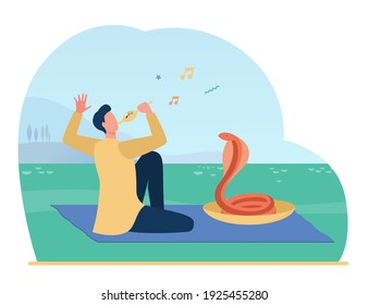 Snake charmer playing pipe flute for dancing cobra. Musician, trainer, India. Flat vector illustration. Wild animal, danger, show concept for banner, website design or landing web page