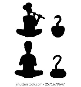 Snake Charmer Silhouette Playing a Flute with a Cobra