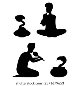 Snake Charmer Silhouette Playing a Flute with a Cobra