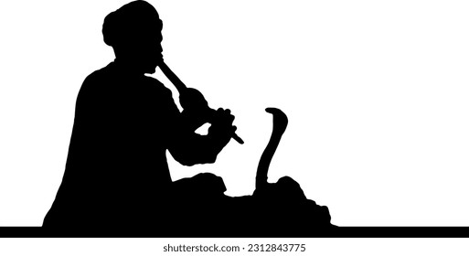 Snake Charmer Silhouette Vector: Traditional Indian Flute Player, Indian Snake Charmer with Flute Silhouette: Vector Illustration