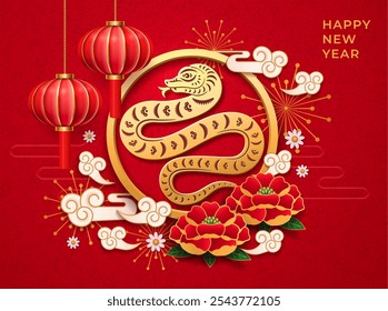 Sinal chinês de cobra CNY do zodíaco, lanterna de flor 3D e nuvens. Feliz ano novo 2025, festival de primavera lunar, decoração de férias, ilustração de cartão de saudação vetorial com flores de sakura soprando