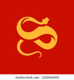 Snake Chinese New Year Symbol Golden Art Icon Minimalist Design Vector Flat Illustration. Wild Crawl Reptile Viper Animal With Curved Long Tail Horoscope Zodiac Asian Traditional Emblem Cultural Decor