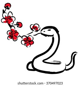 Snake Chinese zodiac in calligraphy style with cherry blossoms.