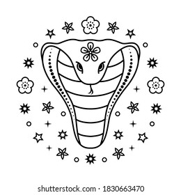Snake Chinese zodiac sign in line art style on white background.