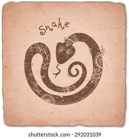 Snake. Chinese Zodiac Sign. Silhouette with Ethnic Ornament. Horoscope Vintage Card. Vector illustration.