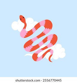 Snake with clouds in asian style. Mystical and fantasy vector flat illustration of reptile. Zodiac symbol of lunar new year