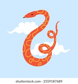 Snake with clouds in asian style. Mystical and fantasy vector flat illustration of reptile. Zodiac symbol of lunar new year