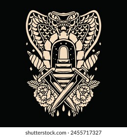 Snake Cobra And Gates Traditional Tattoo Vector Illustration Design