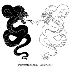 snake cobra illustration for sticker and tattoo design.Asia tattoo style.Silhouette and outline vector.Traditional Japanese culture for printing and coloring book on background.