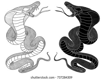 snake cobra illustration for sticker and tattoo design.Asia tattoo style.Silhouette and outline vector.Traditional Japanese culture for printing and coloring book on background.