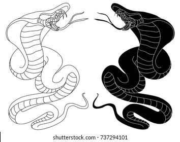 snake cobra illustration for sticker and tattoo design.Asia tattoo style.Silhouette and outline vector.Traditional Japanese culture for printing and coloring book on background.