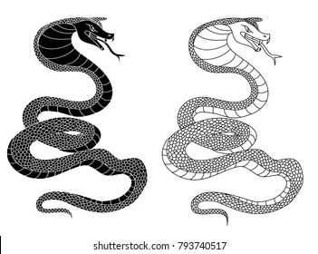 snake cobra illustration for sticker and tattoo design.Asia tattoo style.Silhouette and outline vector.