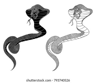 snake cobra illustration for sticker and tattoo design.Asia tattoo style.Silhouette and outline vector.