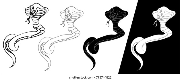 snake cobra illustration for sticker and tattoo design.Asia tattoo style.Silhouette and outline vector.