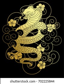 Snake cobra illustration.Gold snake cobra tattoo style on black background.Traditional Japanese culture for printing on background.