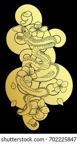 Snake cobra illustration.Gold snake cobra tattoo style on black background.Traditional Japanese culture for printing on background.