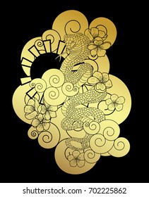 Snake cobra illustration.Gold snake cobra tattoo style on black background.Traditional Japanese culture for printing on background.