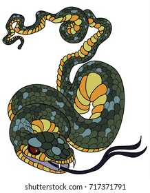 snake cobra tattoo design.Traditional Japanese culture for printing on background.Snake with Sunrise for coloring book