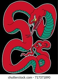snake cobra tattoo design.Traditional Japanese culture for printing on background.Snake with Sunrise for coloring book
