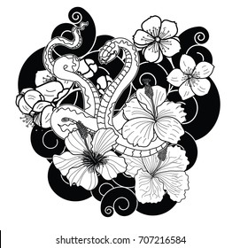 snake cobra tattoo style.Hand drawn Cobra with flower and cloud vector isolate on white background. king Cobra snake with mouth open.Snake cobra illustration.Traditional Japanese culture for printing 