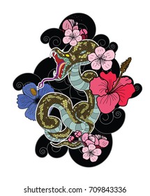 snake cobra tattoo.Hand drawn Chinese snake with cherry blossom and cloud vector background.tropical snake vector isolate on white background.Traditional Japanese culture for printing on background.