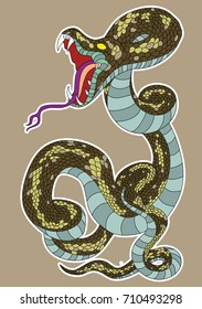 snake cobra tattoo.Hand drawn Chinese snake. sticker snake cobra tattoo style Cobra vector.Traditional Japanese culture for printing on background.Snake with Sunrise for coloring book on background.