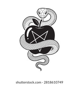 Snake coiled around an apple black and white silhouette