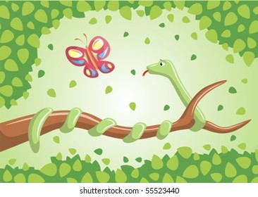 Snake coiled around a branch and can not catch a butterfly.