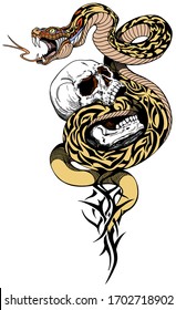 Snake Coiled Around The Broken Human Skull. Tribal Tattoo. Vector Illustration