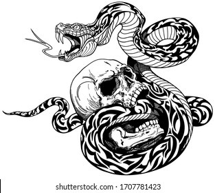 snake coiled around the broken human skull. Black and white tattoo. Vector illustration