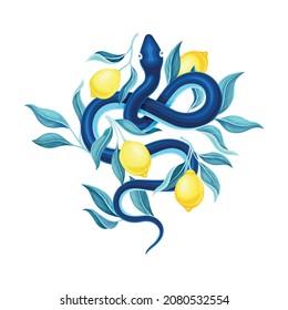 Snake coiled around lemon tree vector illustration on white background