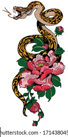 snake coiled around peony flower. Tattoo. Graphic style vector illustration