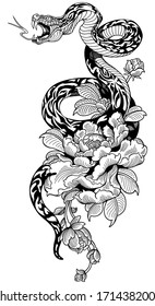 snake coiled around peony flower. Black and white Tattoo. Graphic style vector illustration