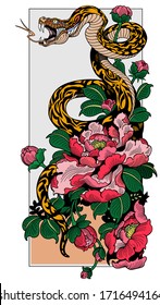 snake coiled around peony flower. Graphic style vector illustration