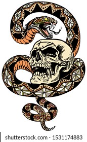 snake coiled round the human skull. Angry dangerous serpent. Tattoo or t-shirt design style vector illustration