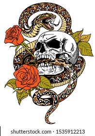 snake coiled round the human skull and roses. Angry dangerous serpent and flowers . Tattoo style or t-shirt design vector illustration