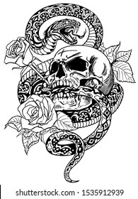 serpiente enrollada alrededor del cráneo humano y rosas. Flores y serpiente peligrosas furiosas. Ilustración vectorial de estilo tatuado en blanco y negro o diseño en pantalones t