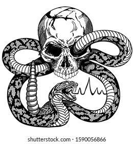 snake coiled round the human skull. Angry dangerous rattlesnake. Black and white Tattoo or shirts design style vector illustration