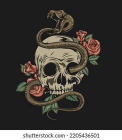 snake coiled round the human skull   roses  Angry dangerous serpent   flowers   Tattoo style t  shirt design vector illustration