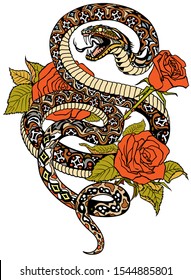 snake coiled round the roses. Angry dangerous serpent and flowers. Tattoo style or t-shirt design vector illustration