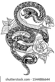 snake coiled round the roses. Angry dangerous serpent and flowers.Black and white Tattoo style or t-shirt design vector illustration