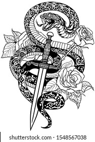 snake coiled round the roses and dagger. Angry dangerous serpent wrapped  around a sword and flowers. Tattoo style or t-shirt design. Isolated black and white vector illustration