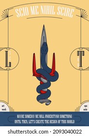 Snake coils around an ancient dagger. Mystical retro card. Symbol of deception and danger.
 Ready design elements for print, tattoo, t-shirt, web or other concepts. Vector graphics