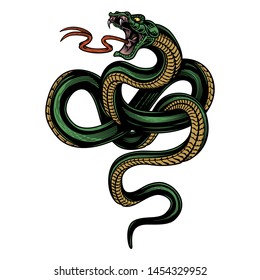 Snake. Colorful hand drawn vector illustration of snake in engraving technique isolated on white background.  Poster, t-shirt print, cover.