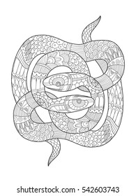 Snake coloring book for adults vector illustration. Anti-stress coloring for adult. Tattoo stencil. Zentangle style. Black and white lines. Lace pattern