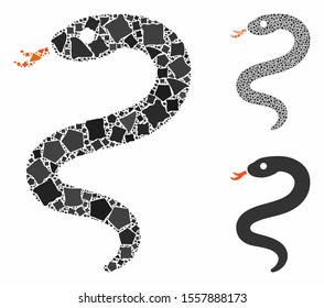 Snake composition of ragged parts in variable sizes and color tinges, based on snake icon. Vector bumpy items are grouped into collage. Snake icons collage with dotted pattern.
